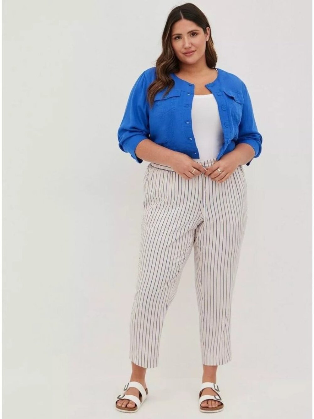 Torrid Size 1X White & Blue Striped Challis High Rise Relaxed Tapered Crop Pants